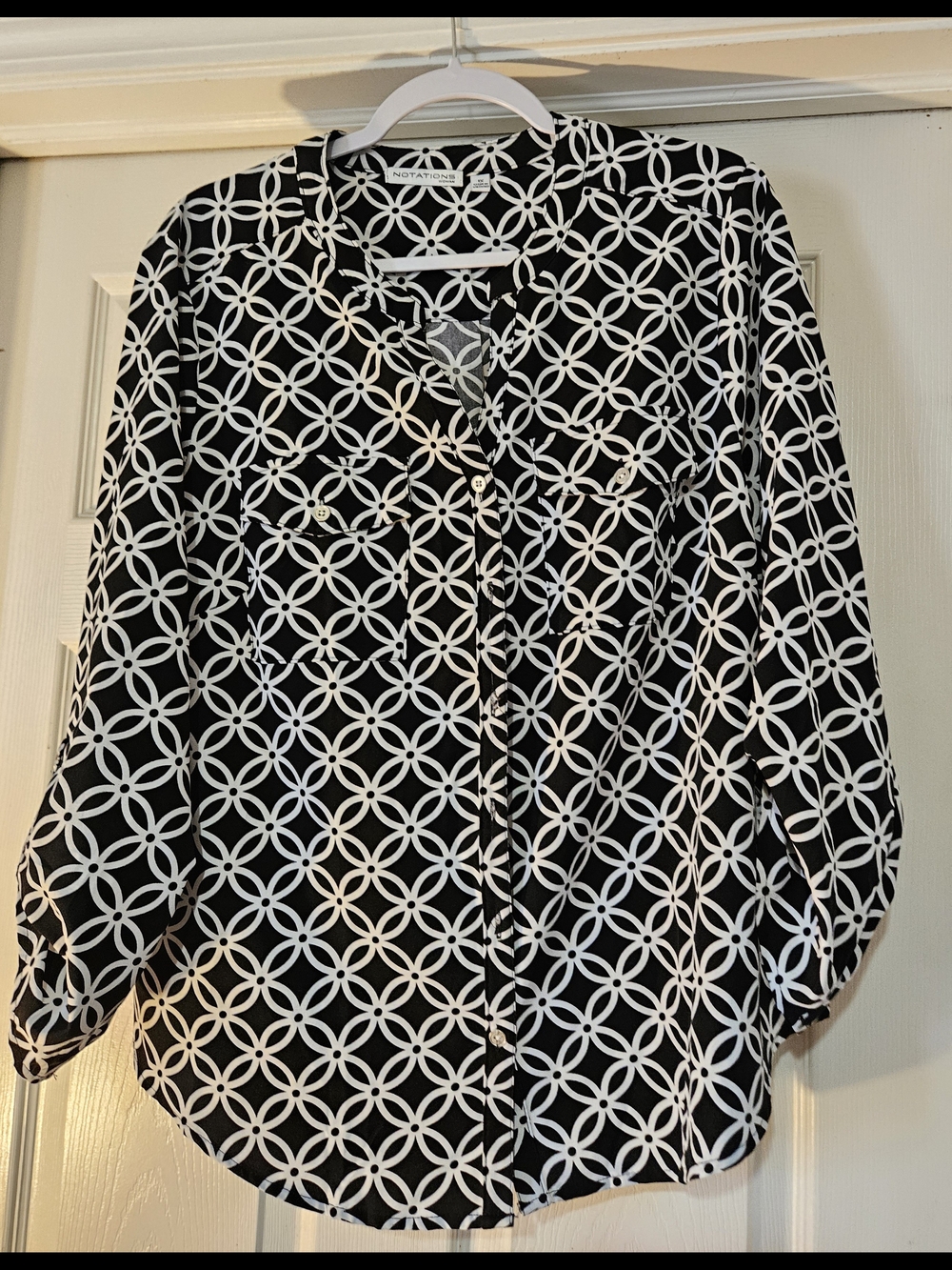 Notations Black & White Button-Down Shirt 1X Roll Up Sleeve Black & White